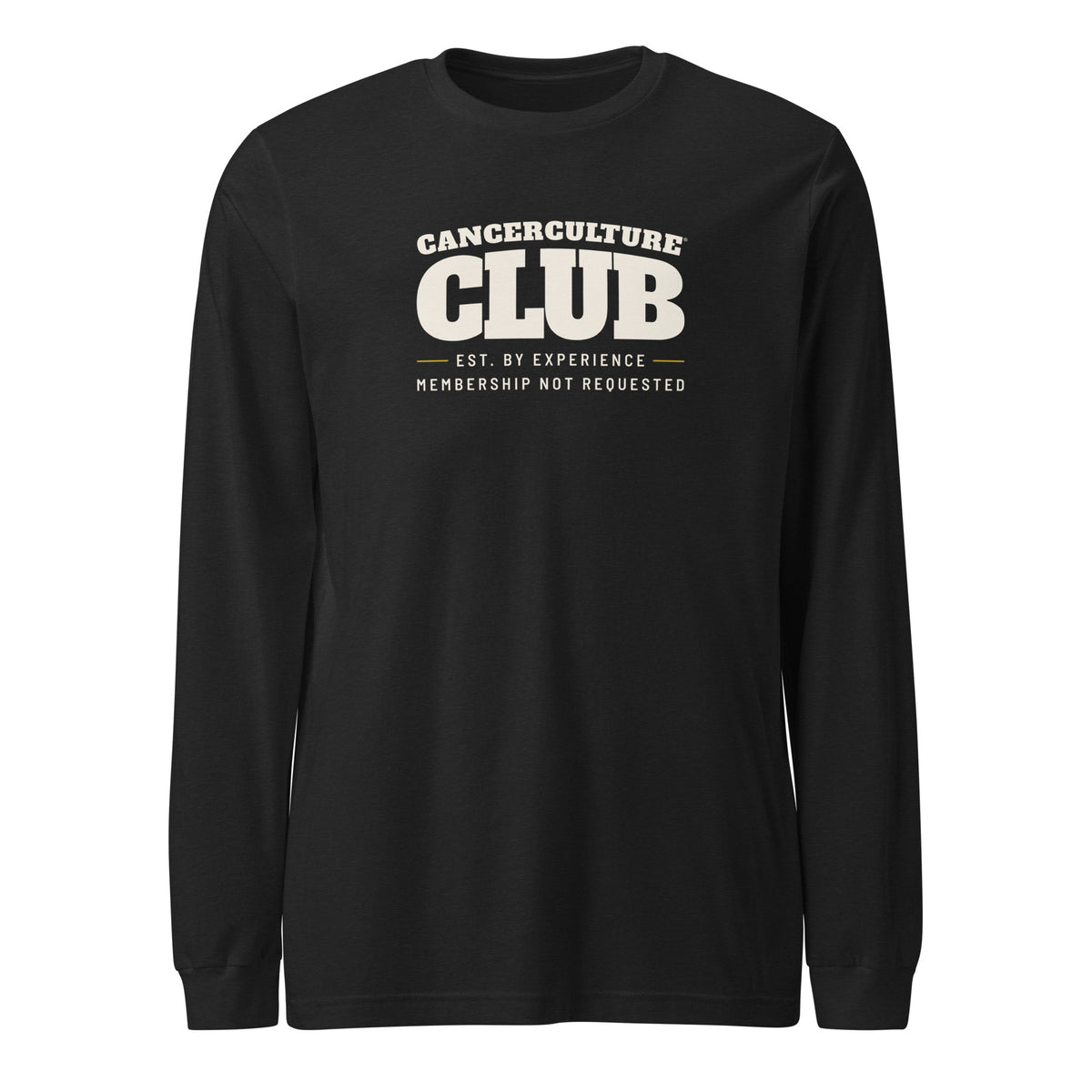 CancerCulture® Club long sleeve, white text front print, Black Heather, front view – cancer survivor gift