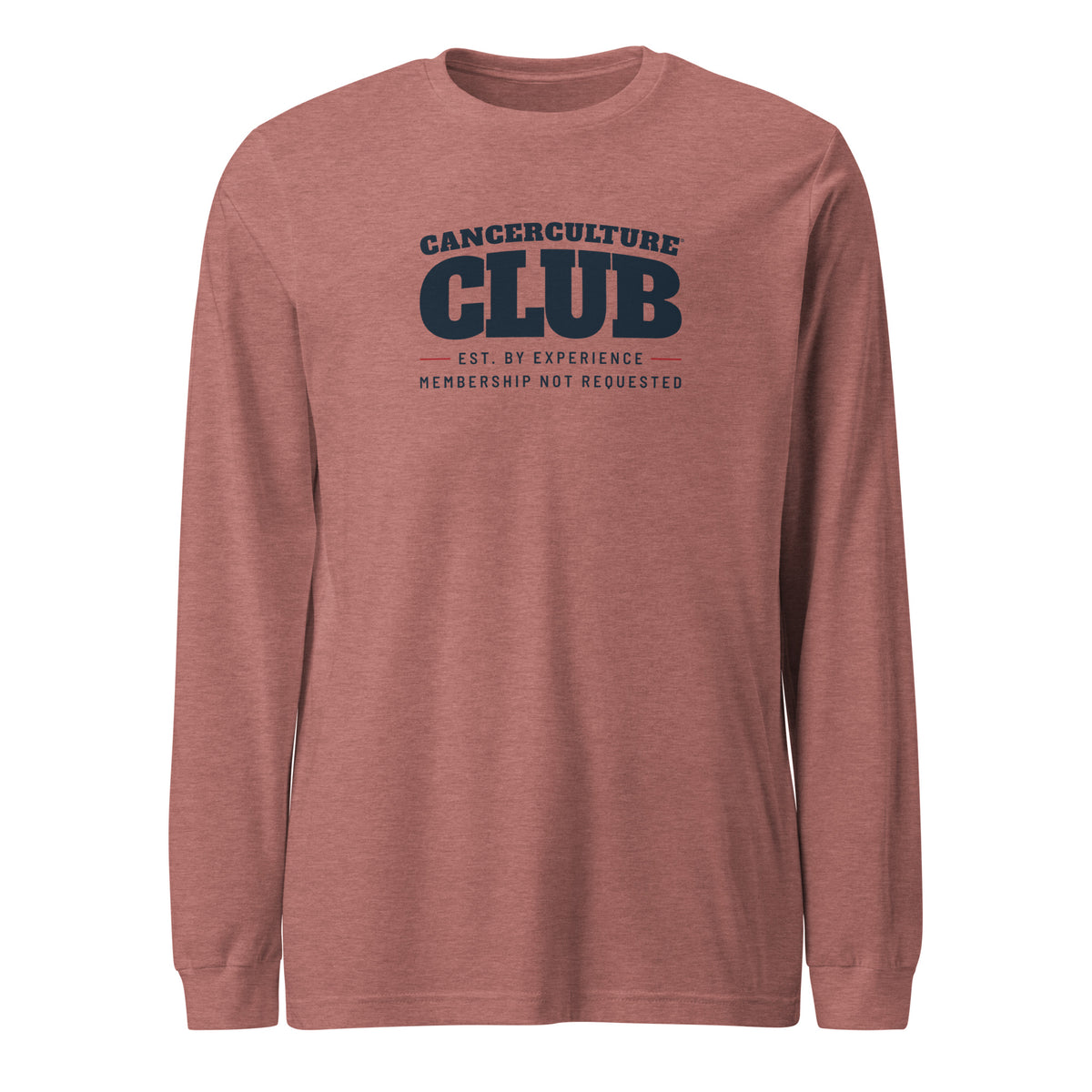CancerCulture® Club long sleeve, black text front print, Heather Mauve, front view – cancer survivor gift