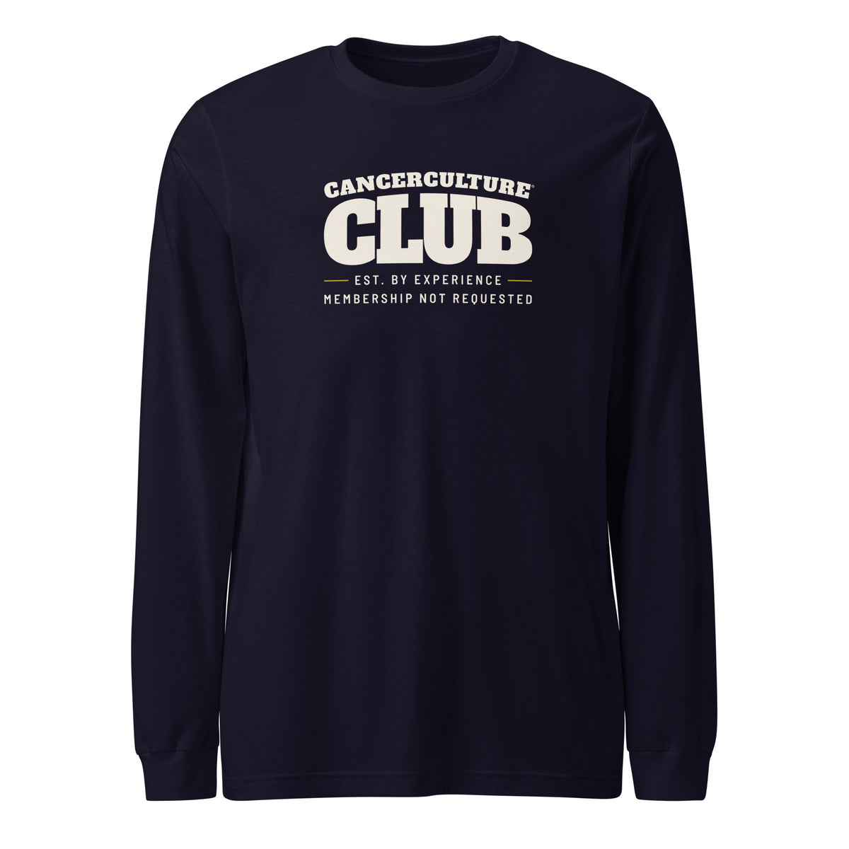 CancerCulture® Club long sleeve, white text front print, Navy, front view – cancer survivor gift