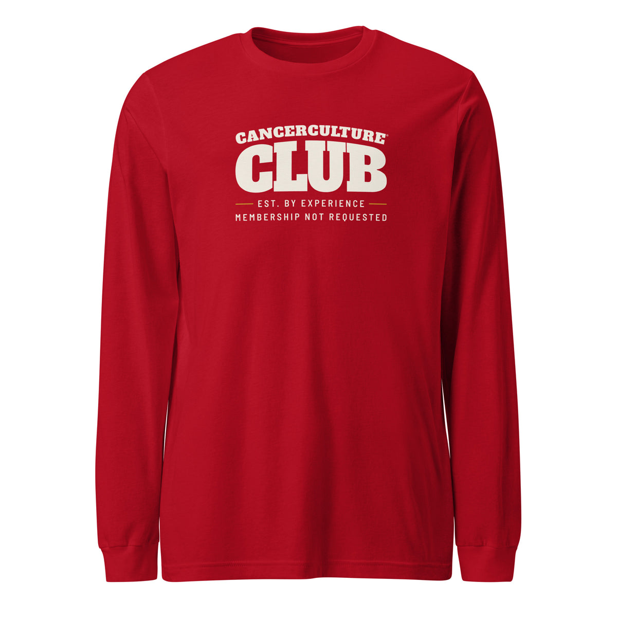 CancerCulture® Club long sleeve, white text front print, Red, front view – cancer survivor gift