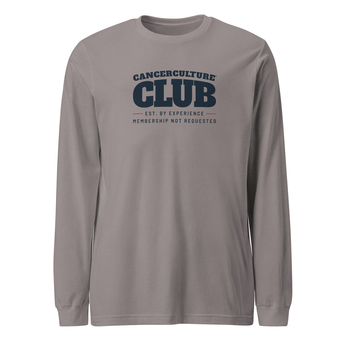 CancerCulture® Club long sleeve, black text front print, Storm, front view – cancer survivor gift