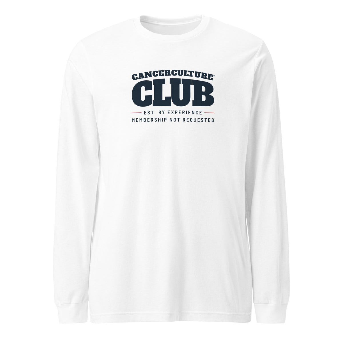CancerCulture® Club long sleeve, black text front print, White, front view – cancer survivor gift