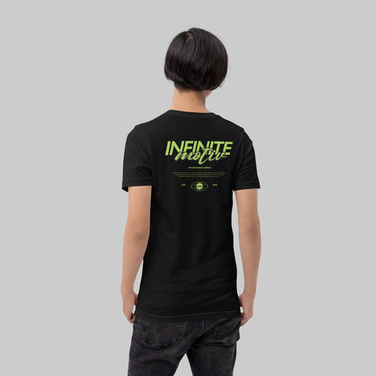 Non-Hodgkin Lymphoma Script Motiv black tee, back view on model, INFINITE motiv we are cancer culture design