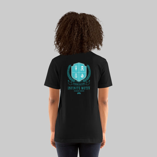 Ovarian Cancer Crest black tee, back view on model, INFINITE motiv cancer culture crest design