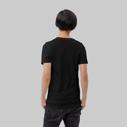 Pancreatic Cancer Crest black tee, back view on model, INFINITE motiv cancer culture crest design