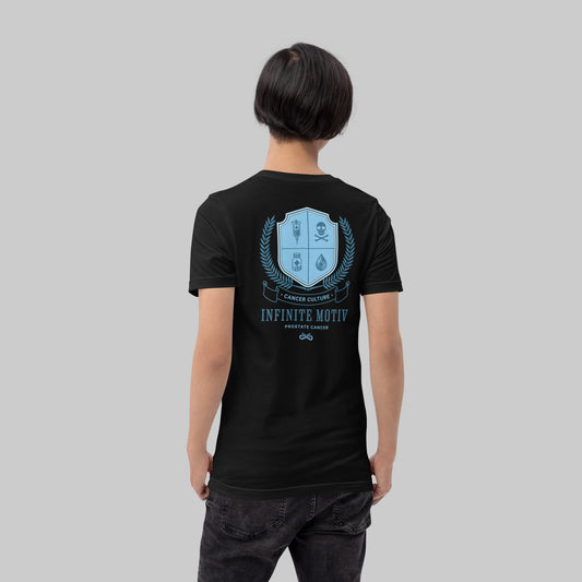 Prostate Cancer Crest black tee, back view on model, INFINITE motiv cancer culture crest design