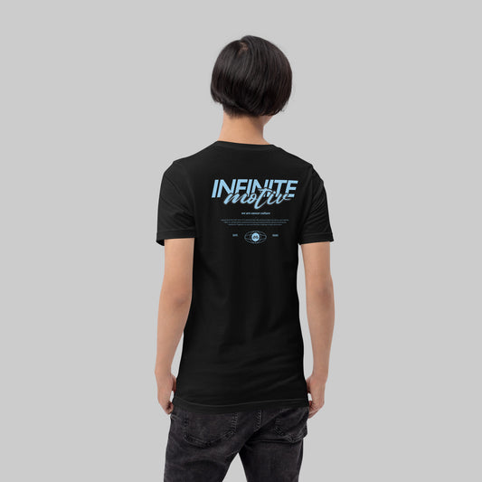Prostate Cancer Script Motiv black tee, back view on model, INFINITE motiv we are cancer culture design