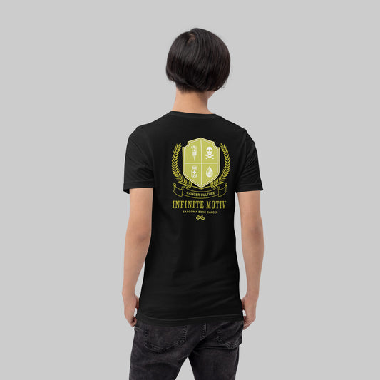 Sarcoma Bone Cancer Crest black tee, back view on model, INFINITE motiv cancer culture crest design