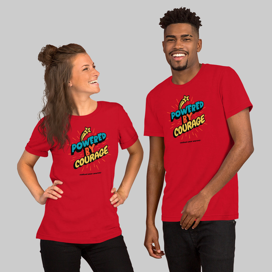 Courage Tee, Red, front, Powered by Courage, childhood cancer awareness print, worn by woman and man, studio gray background