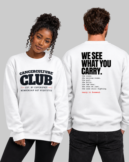 CancerCulture Club sweatshirt, black text on white, front and back on models