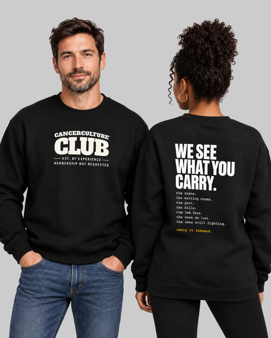 CancerCulture Club sweatshirt, white text on black, front and back on models