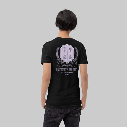 Testicular Cancer Crest black tee, back view on model, INFINITE motiv cancer culture crest design