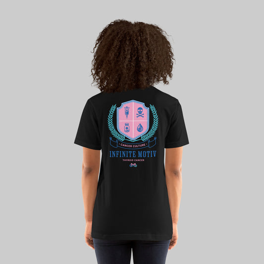 Thyroid Cancer Crest black tee, back view on model, INFINITE motiv cancer culture crest design