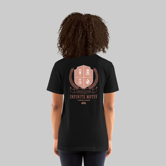 Uterine Cancer Crest black tee, back view on model, INFINITE motiv cancer culture crest design