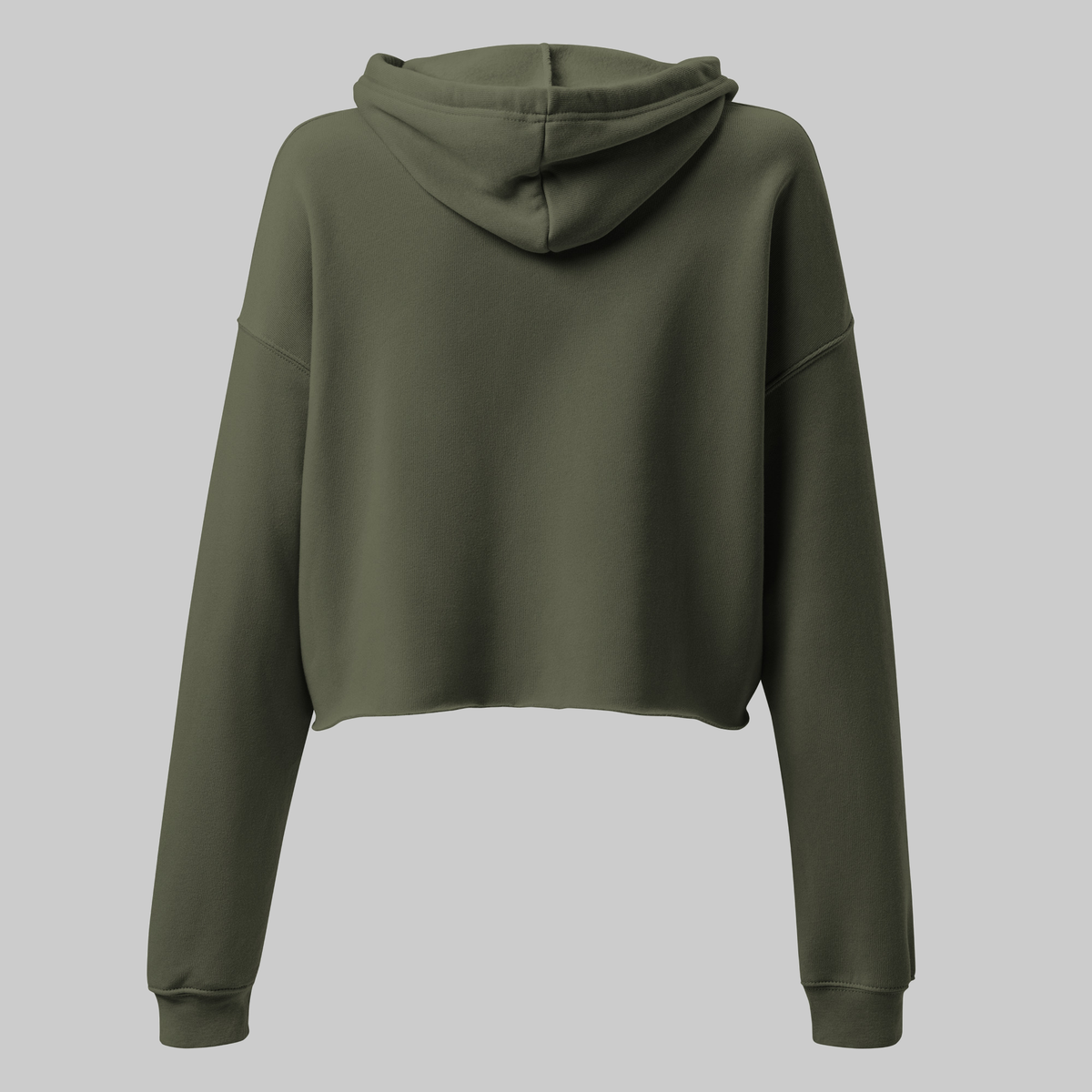 CancerCulture® Bloom Women's Crop Hoodie, Military Green, back, plain back (print is on the front), flat product photo, studio gray background