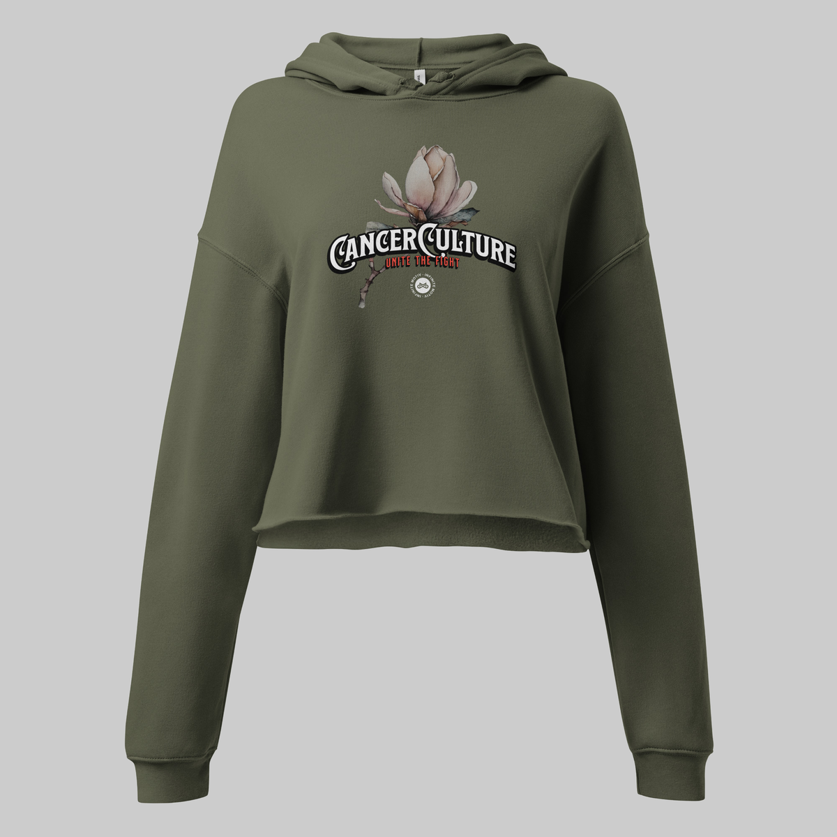 CancerCulture® Bloom Women's Crop Hoodie, Military Green, front, CancerCulture magnolia, Unite the Fight print, flat product photo, studio gray background