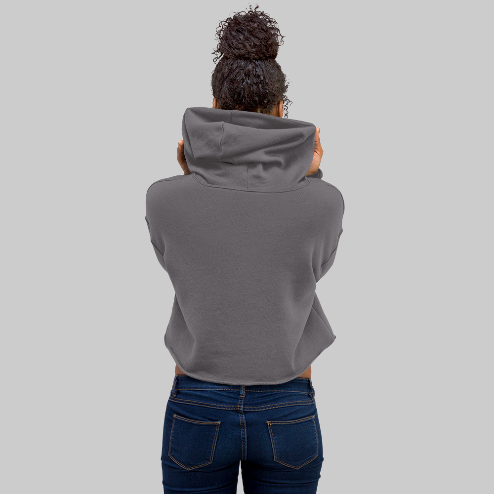 CancerCulture® Bloom Women's Crop Hoodie, Storm, back, plain back (print is on the front), worn by woman, studio gray background